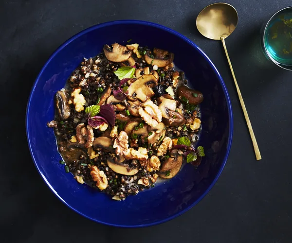 Miso-glazed mushrooms with walnuts and black barley