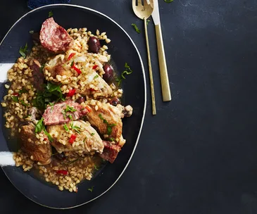 Chicken with barley, olives and chilli