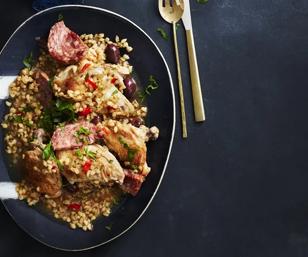 Chicken with barley, olives and chilli