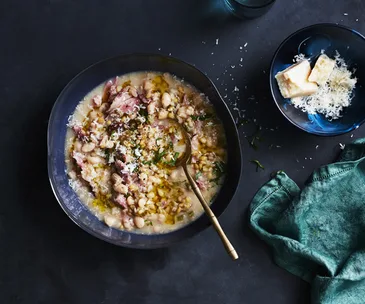 Farro, white bean and smoked ham soup