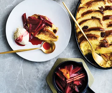 Vincent’s bread and butter pudding with rhubarb compote