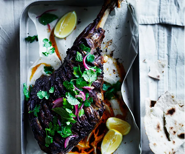 Shawarma-spiced roast lamb leg with beetroot sauce