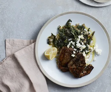 Greek lamb chops with braised silverbeet, feta and oregano
