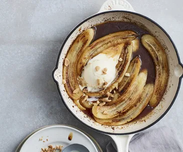 Pan-fried bananas with salted maple caramel and vanilla ice-cream