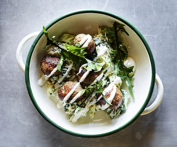 Lamb meatballs, risoni, yogurt and cucumber