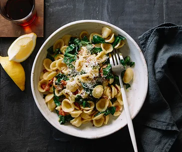 Orecchiette with turnip tops, bacon and lemon