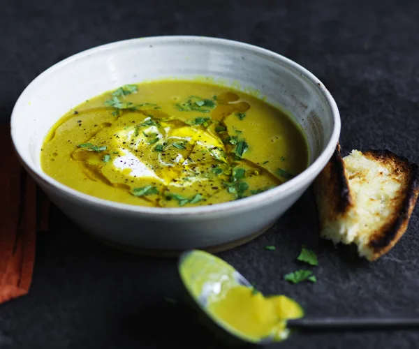 Red lentil soup with yoghurt and coriander