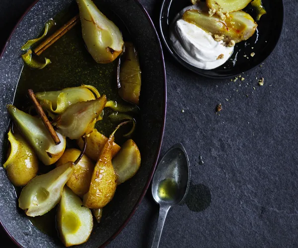 Honey and saffron roasted pears with spiced yoghurt