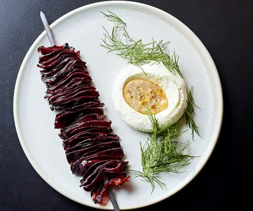 Beetroot kebabs with labne and dukkah
