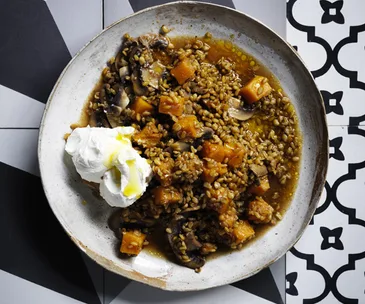 Freekeh with pumpkin and mushrooms