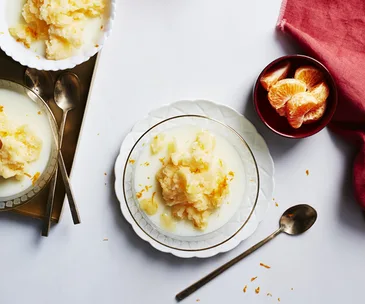 Orange blossom milk puddings with mandarin