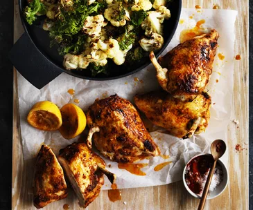 Roast chilli chicken with cauliflower and kale