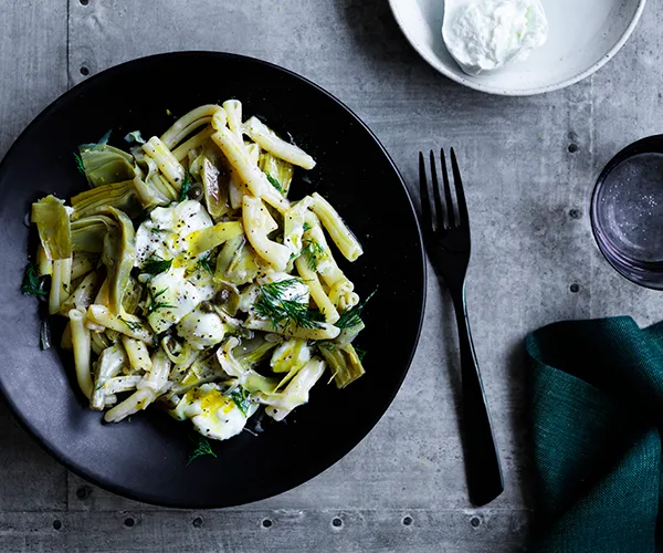 Casarecce with artichokes, capers, dill, lemon and mozzarella