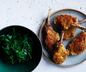 Crumbed lamb cutlets with wilted spinach