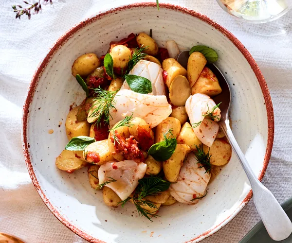 Kipfler potato and calamari Greek salad