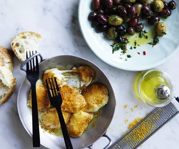 Golden-fried haloumi and olives
