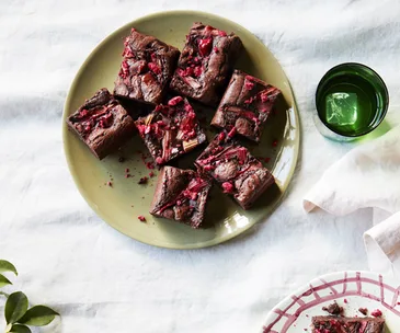 Rhubarb and raspberry brownie