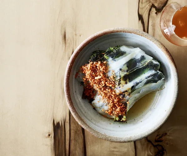 Charred broccoli, pork broth and lardo