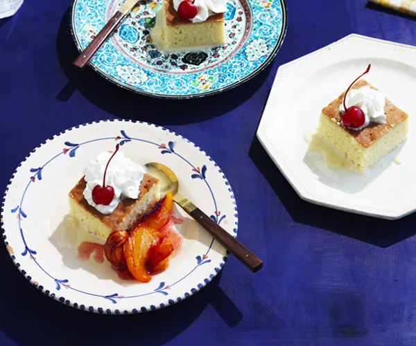 Tres leches cake with roasted peaches