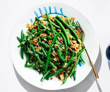 Green beans with tarragon, preserved lemon and fried almonds