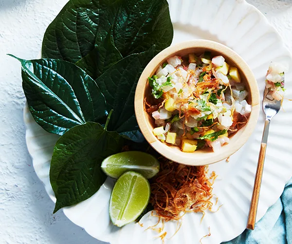 Kingfish crudo with pineapple and betel leaves