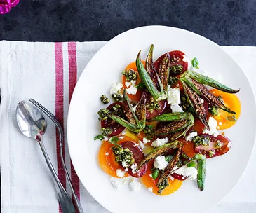 Heirloom tomato salad with feta, pistachio pesto and fried okra