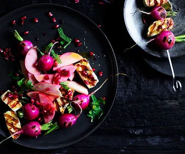 Haloumi and radish skewers 