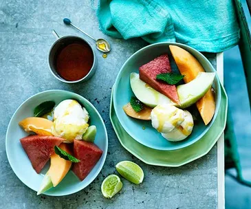 Melon and frozen yoghurt sundae with lime-vanilla caramel