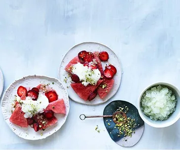 Watermelon and strawberry salad with crushed lime ice