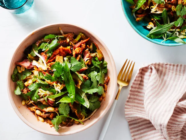 Miso-poached chicken and ham salad with chilli dressing