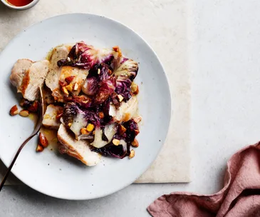 Pork loin with radicchio, almonds and sherry vinegar