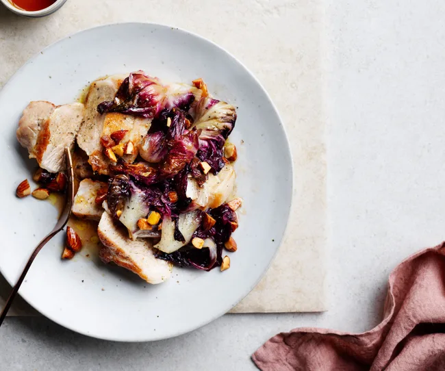 Pork loin with radicchio, almonds and sherry vinegar
