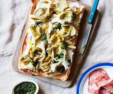 Artichoke and salted ricotta tart with salsa verde