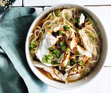 Chicken and egg noodle soup with ginger and chilli