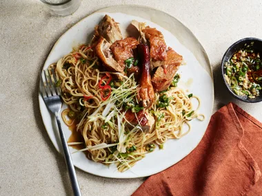 Roast duck with egg noodles