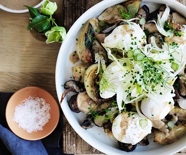 Grant Achatz's roast mushrooms with caramelised fennel, onions, eggs and dates