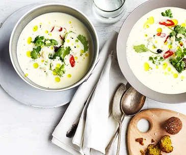 Spiced chickpea kofta with yoghurt and pearl barley soup