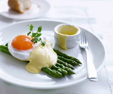 Asparagus with fried duck egg and Hollandaise