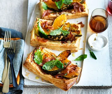 Roast pumpkin, pancetta and Gruyère tarts