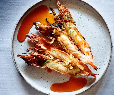 Wood-grilled prawns with fried garlic and chilli oil