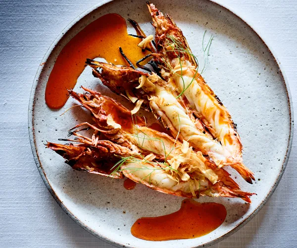 Wood-grilled prawns with fried garlic and chilli oil