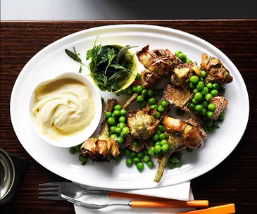 121BC: Crisp polenta, baby artichoke, peas and aioli