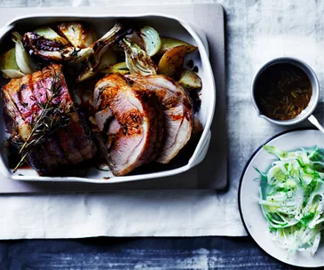 Roast rolled lamb loin with anchovies and rosemary