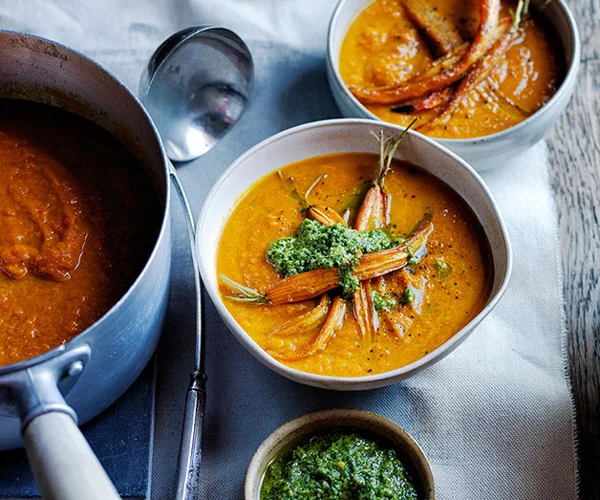 Roast carrot soup with carrot-top pesto