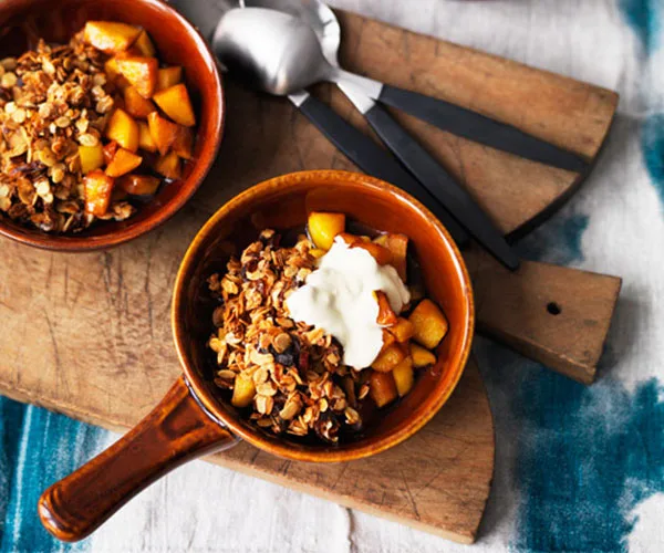 Baked apple, soy caramel, crumble and cream