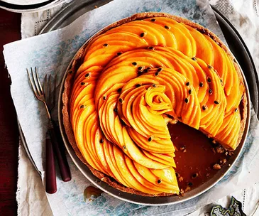 Golden mango and passionfruit caramel tart