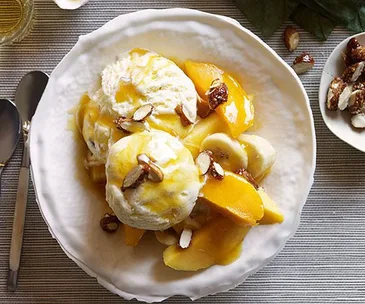 Mango sundaes with salted-caramel ice-cream