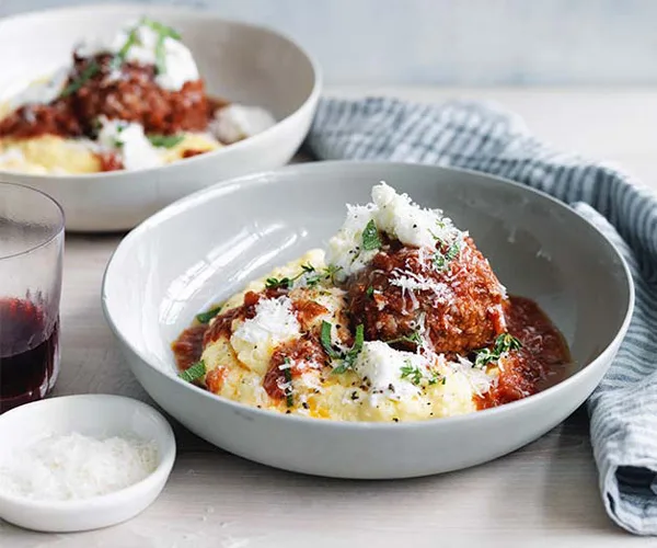 Big pork and prosciutto meatballs with polenta recipe