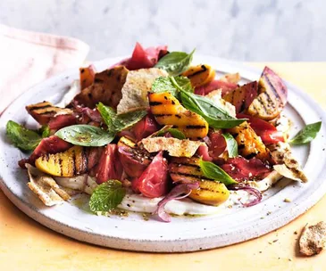 Grilled peach, tomato and labne with crisp flatbread