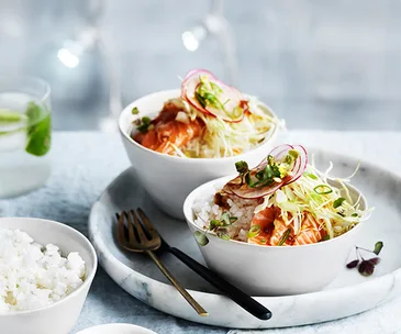 Sashimi rice bowls with pickled ginger dressing and wasabi peas